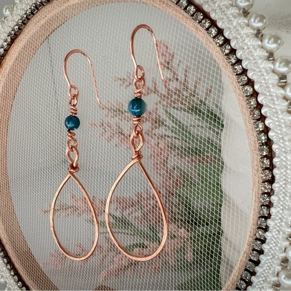 Hammered Copper Wire Wrap Earrings with Blue River Shell Beads - Picture 12 of 12
